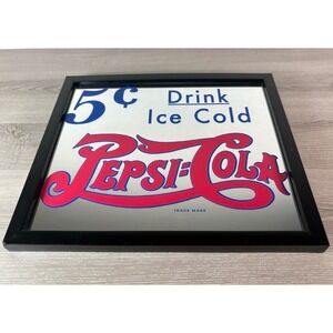 Vintage Style Pepsi-Cola 5 Cent Drink Ice Cold Framed Bar Mirror 15x12 Retro